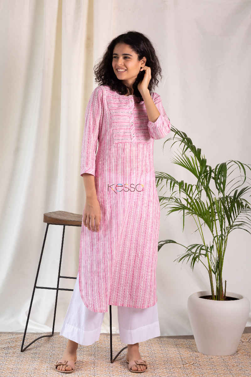 Image for Kusvaa Ws575 Apricot Peach Stripe South Cotton Kurta Pose