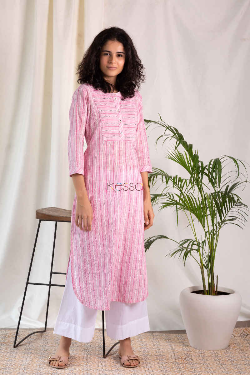Image for Kusvaa Ws575 Apricot Peach Stripe South Cotton Kurta Side