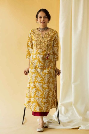 Image for Kusvaa Ws576 Golden Grass Block Print Kurta Featured