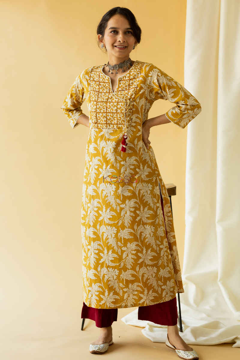 Image for Kusvaa Ws576 Golden Grass Block Print Kurta Front