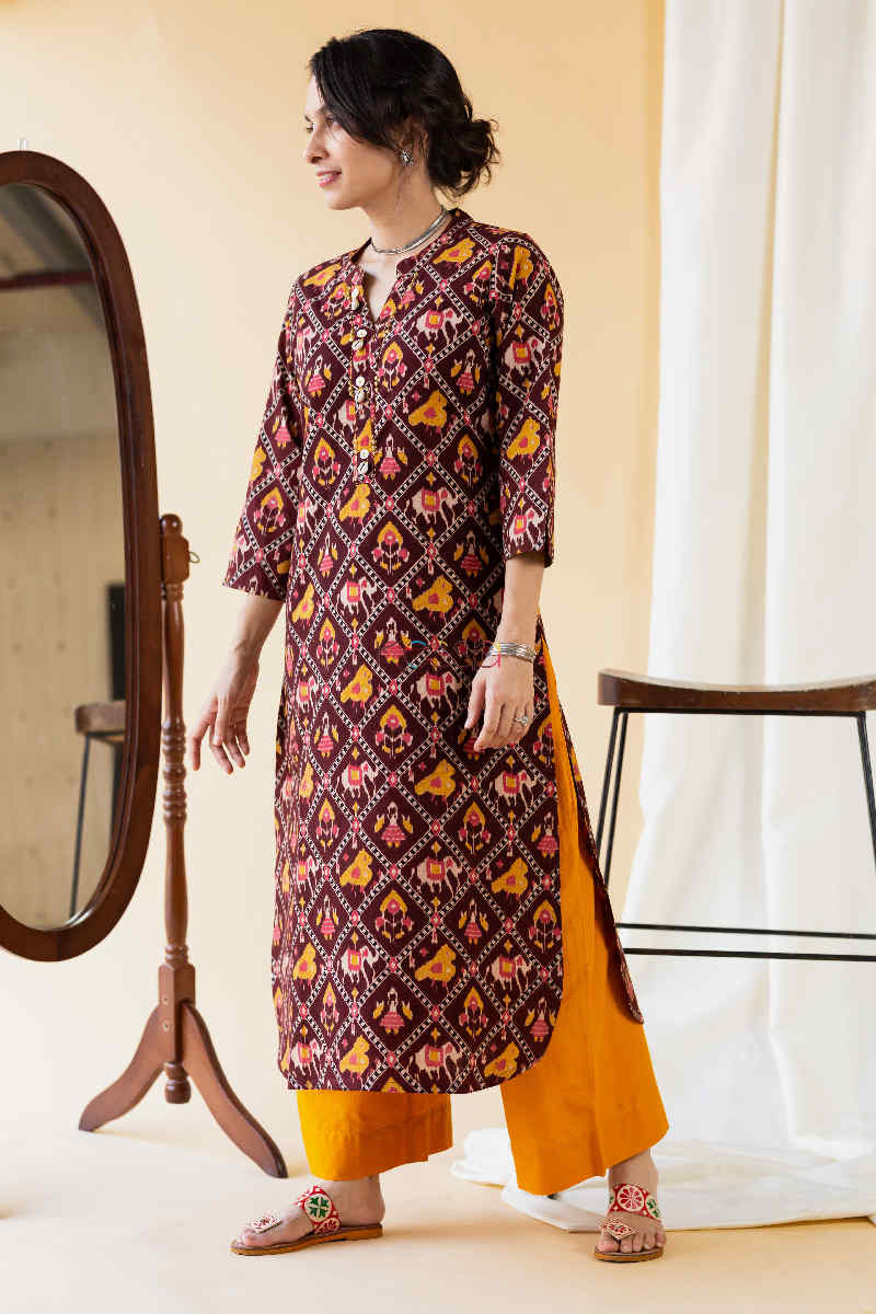 Image for Kusvaa Ws577 Cedar Golden Bell Straight Cotton Kurta Front