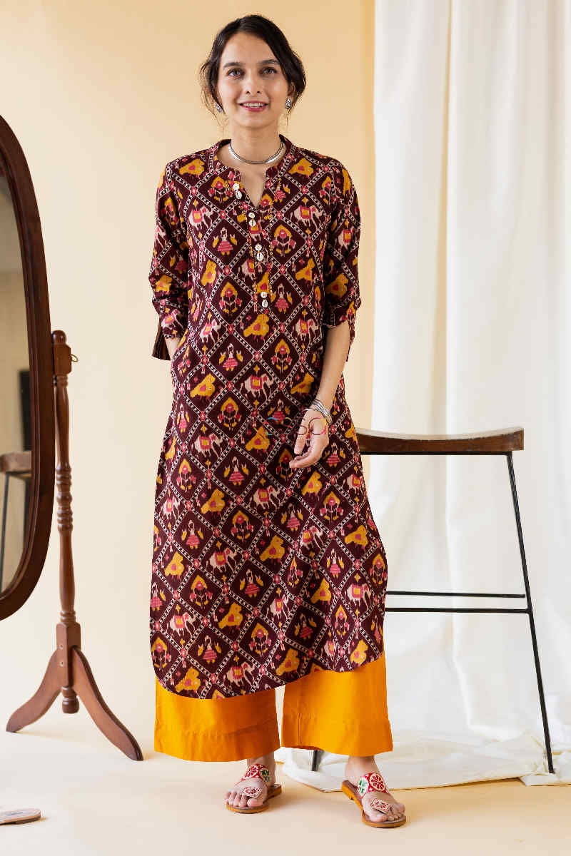 Image for Kusvaa Ws577 Cedar Golden Bell Straight Cotton Kurta Pocket