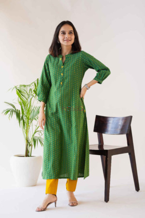 Image for Kusvaa Ws578 Green Pea Wild Willow Kantha South Cotton Kurta Featured
