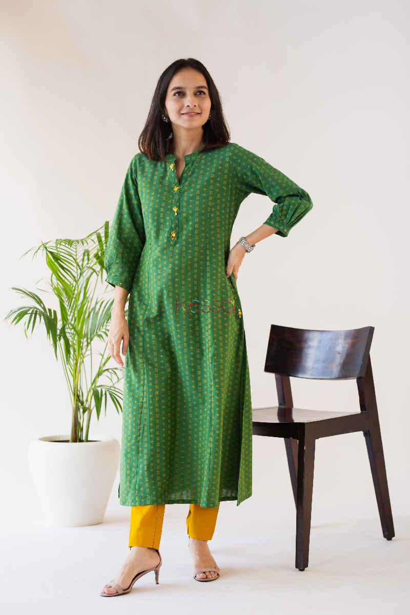 Image for Kusvaa Ws578 Green Pea Wild Willow Kantha South Cotton Kurta Featured