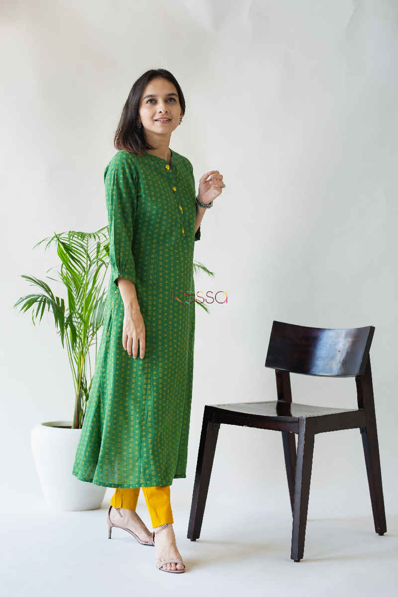 Image for Kusvaa Ws578 Green Pea Wild Willow Kantha South Cotton Kurta Long