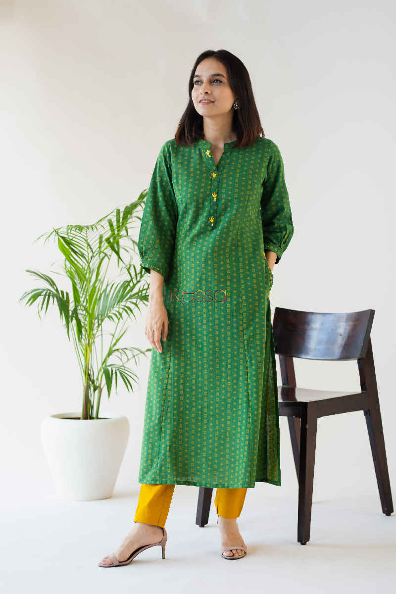Image for Kusvaa Ws578 Green Pea Wild Willow Kantha South Cotton Kurta