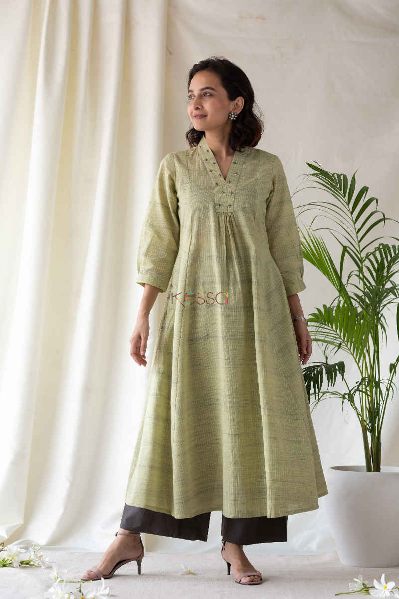 Image for Kusvaa Ws579 Straw Green Lenin A Line Kurta Featured