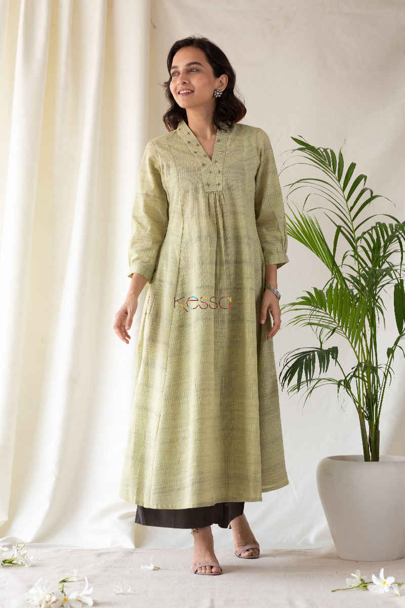 Image for Kusvaa Ws579 Straw Green Lenin A Line Kurta Front