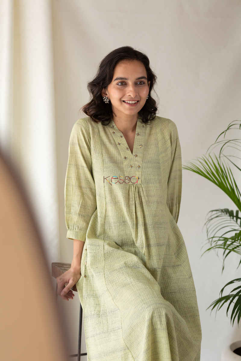 Image for Kusvaa Ws579 Straw Green Lenin A Line Kurta Sitting