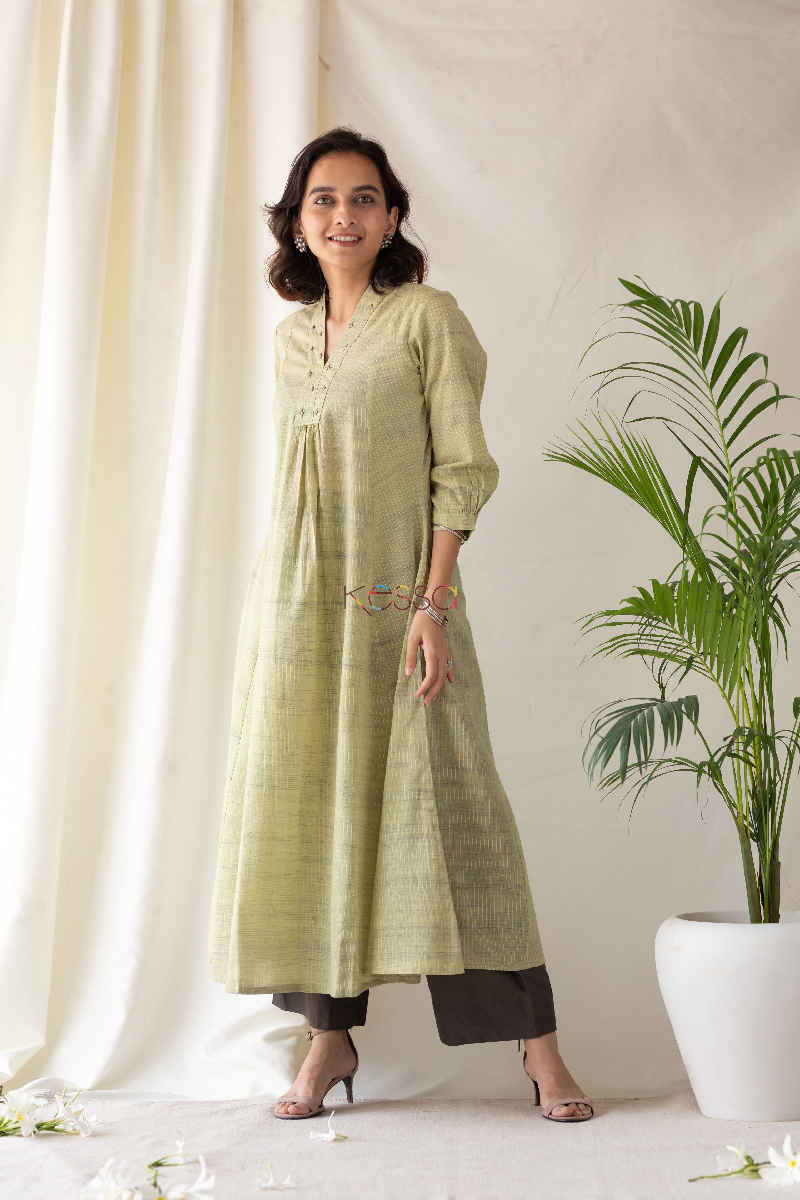 Image for Kusvaa Ws579 Straw Green Lenin A Line Kurta