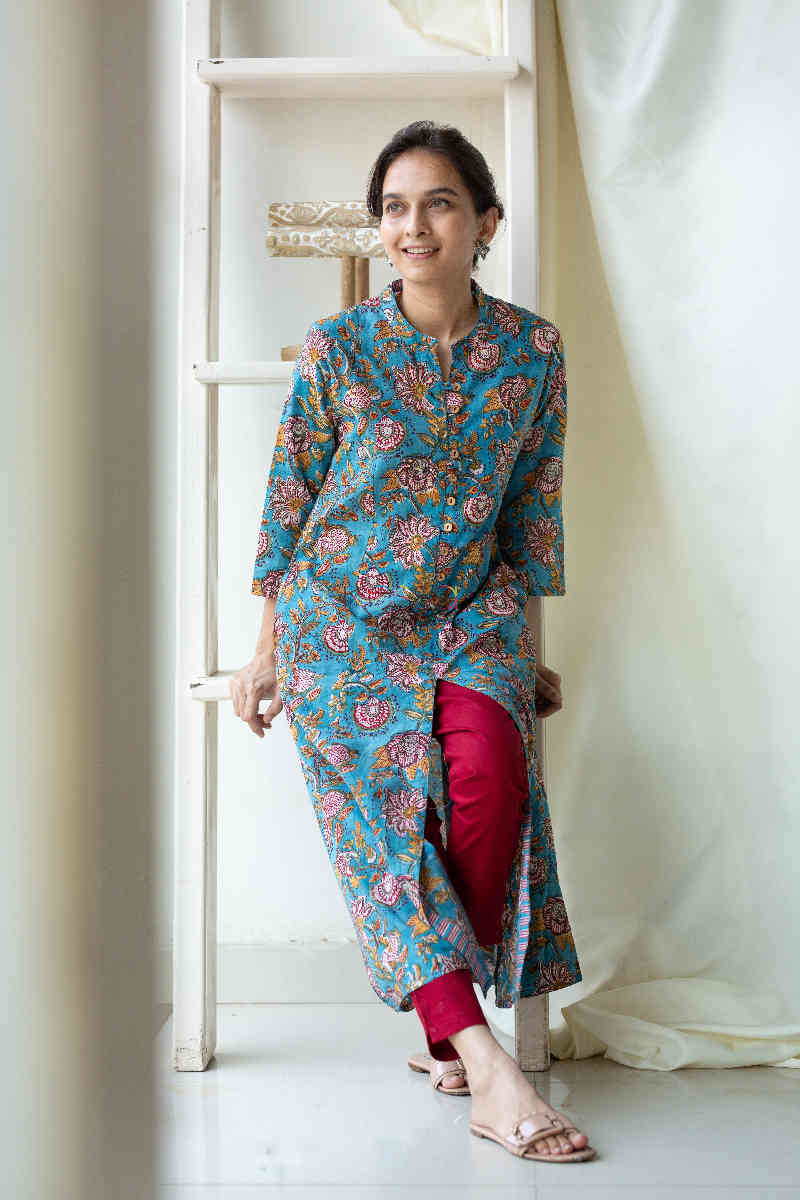 Image for Kusvaa Wsr122 Ming Blue Block Print A Line Kurta Cut