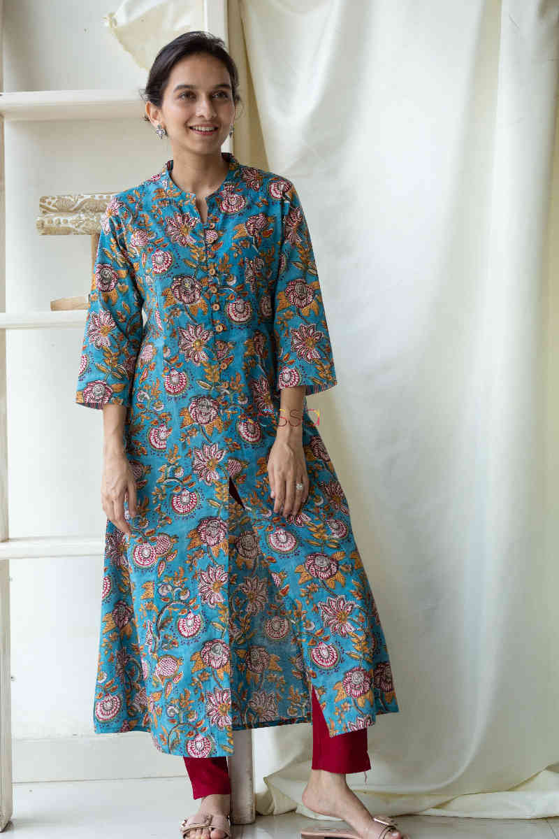 Image for Kusvaa Wsr122 Ming Blue Block Print A Line Kurta Featured