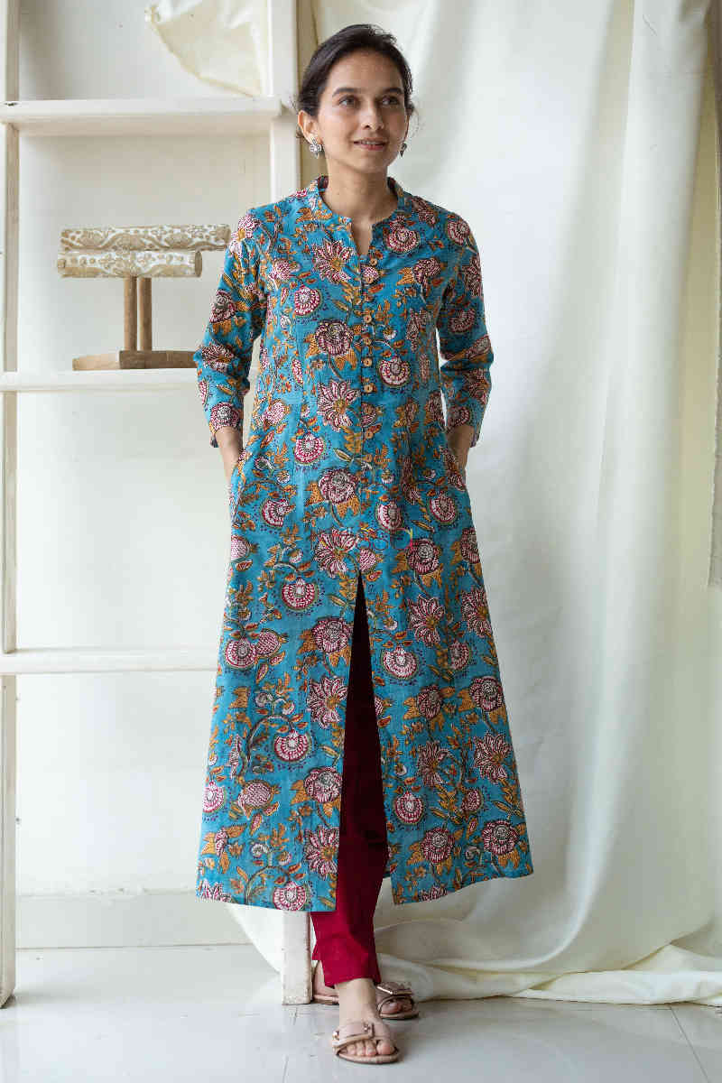 Image for Kusvaa Wsr122 Ming Blue Block Print A Line Kurta Front