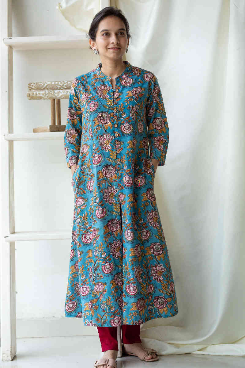 Image for Kusvaa Wsr122 Ming Blue Block Print A Line Kurta Pockets