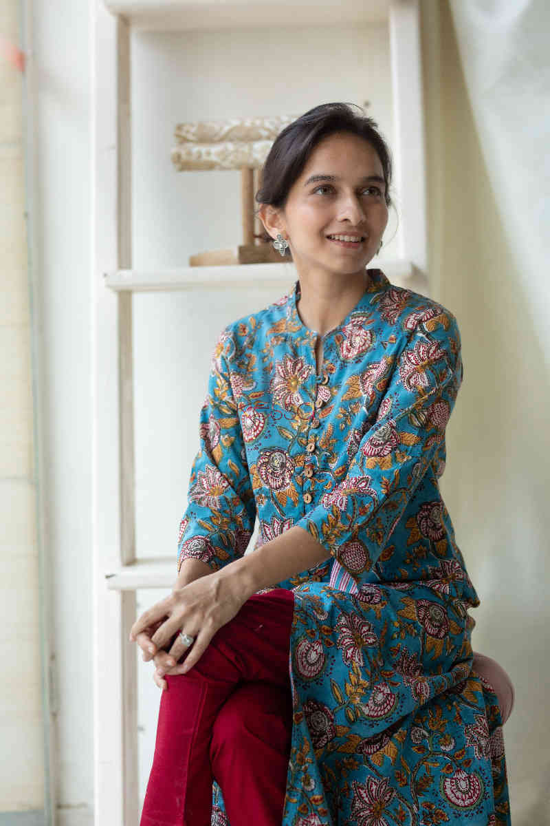 Image for Kusvaa Wsr122 Ming Blue Block Print A Line Kurta Seat