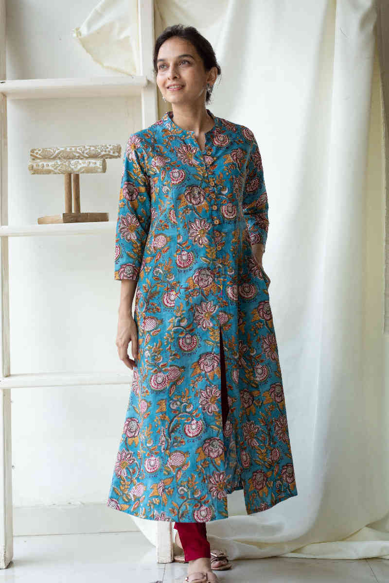 Image for Kusvaa Wsr122 Ming Blue Block Print A Line Kurta Side