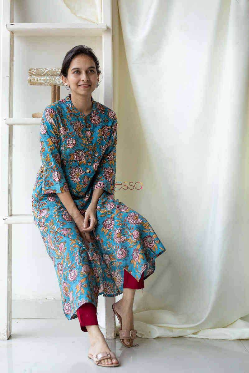 Image for Kusvaa Wsr122 Ming Blue Block Print A Line Kurta Sitting
