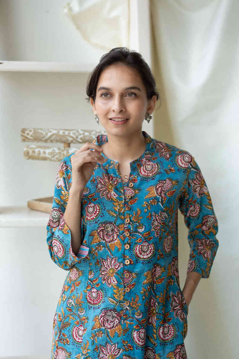 Image for Kusvaa Wsr122 Ming Blue Block Print A Line Kurta Top