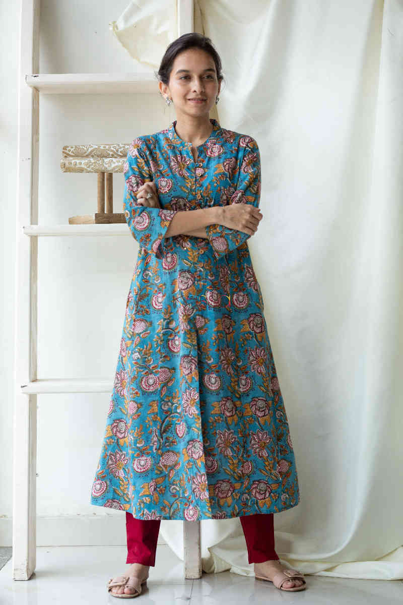 Image for Kusvaa Wsr122 Ming Blue Block Print A Line Kurta