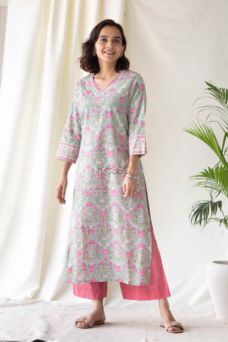 Image for Kusvaa Wsr123 Puce Pink Sage Green Handblock Print Kurta Featured
