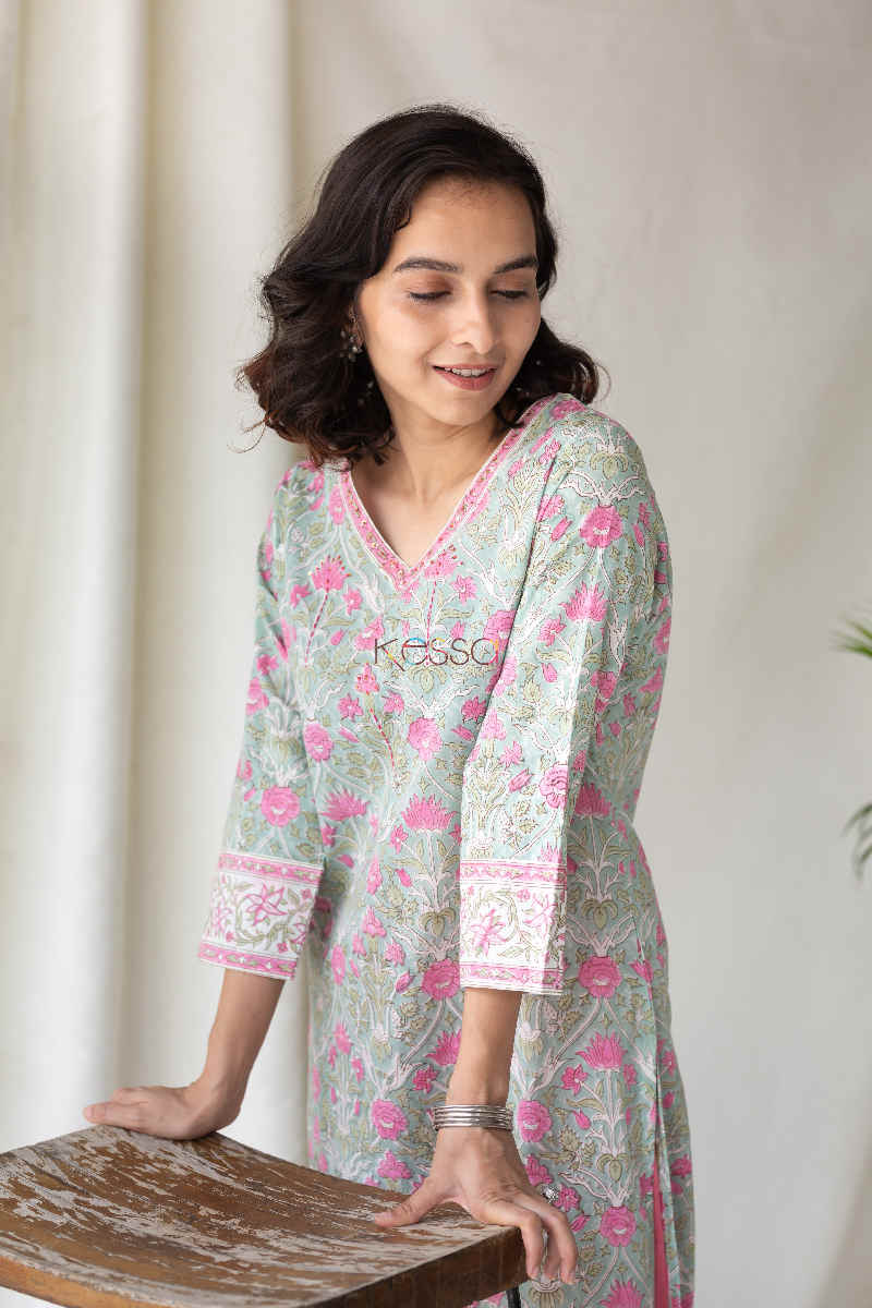 Image for Kusvaa Wsr123 Puce Pink Sage Green Handblock Print Kurta Side