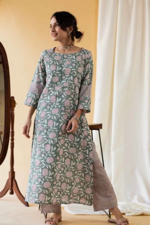 Image for Kusvaa Wsr125 Sage Green Night Shadz Kurta Pant Set Featured