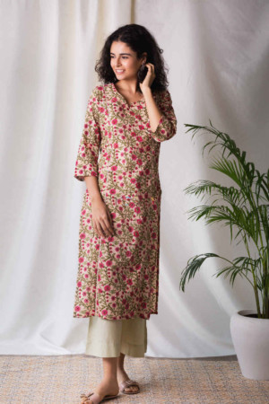 Image for Kusvaa Wsr127 Old Rose Block Print Kurta