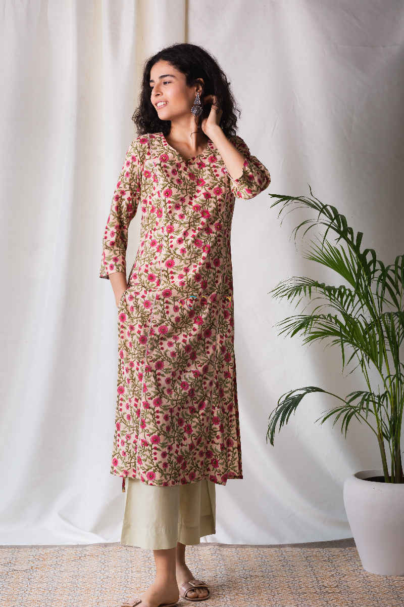 Image for Kusvaa Wsr127 Old Rose Block Print Kurta Front