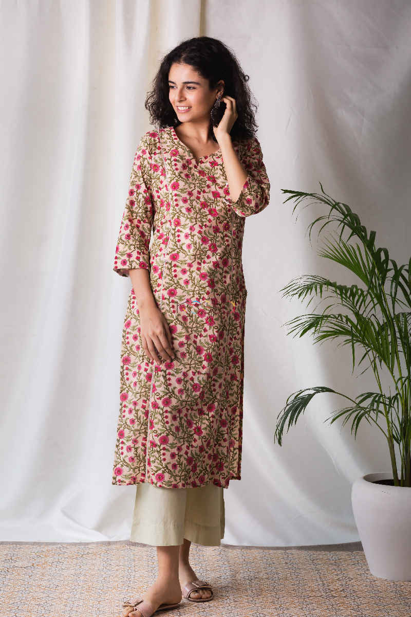 Image for Kusvaa Wsr127 Old Rose Block Print Kurta