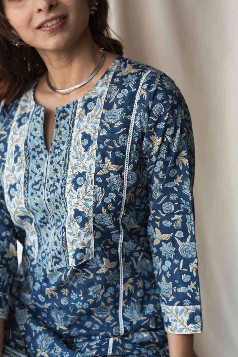 Image for Kesskuoj126 Indigo Blue White Indigo Kurta Dupatta Set Closeup