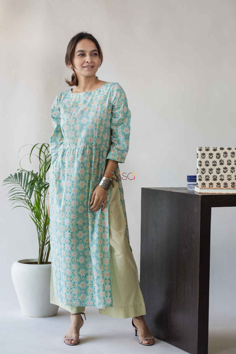Image for Kusvaa Aep04 Cascade Blue Green Straight Fit Kurta Cut