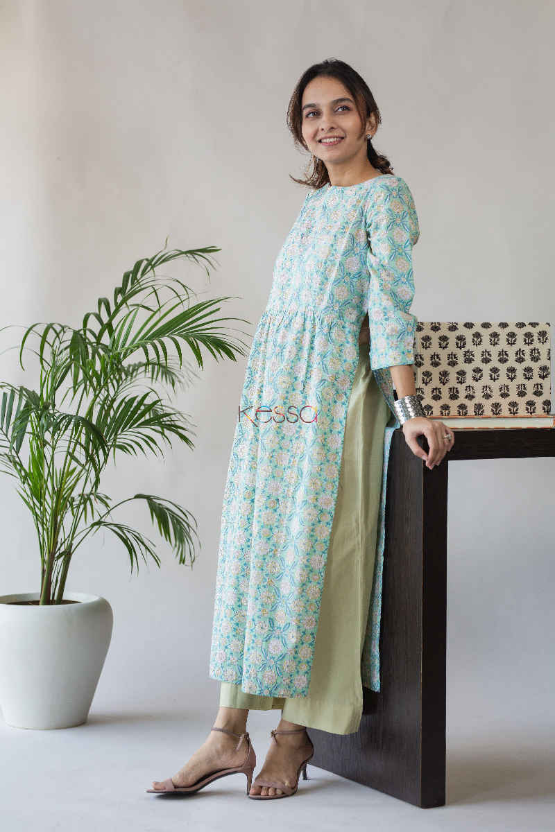 Image for Kusvaa Aep04 Cascade Blue Green Straight Fit Kurta Side