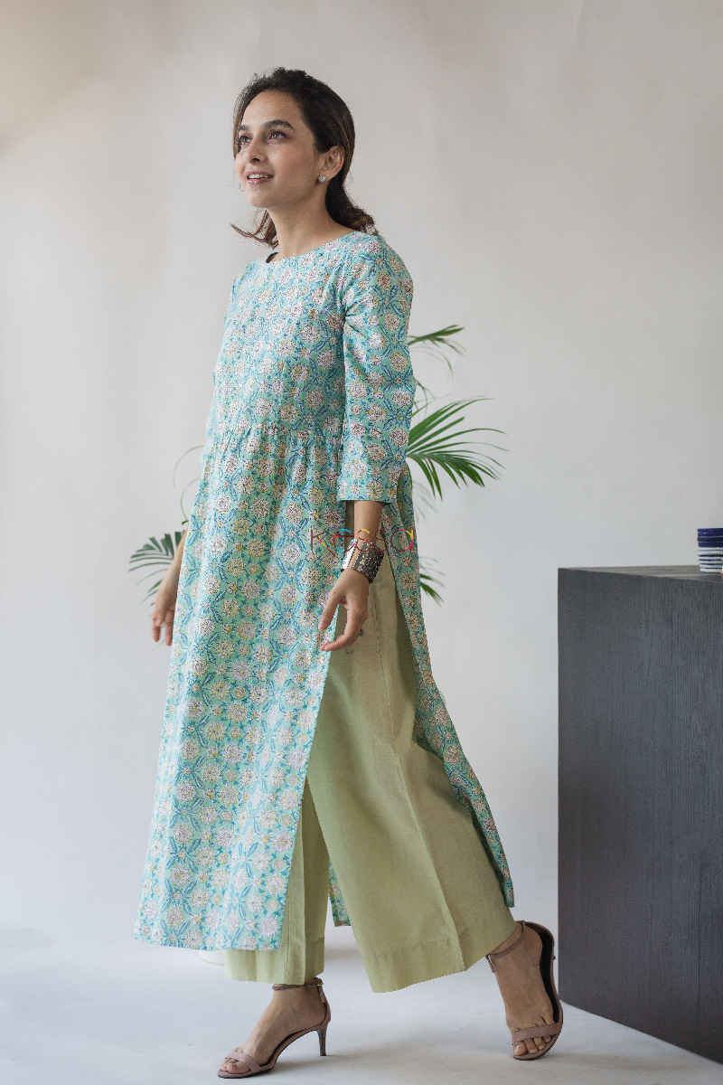 Image for Kusvaa Aep04 Cascade Blue Green Straight Fit Kurta Walk