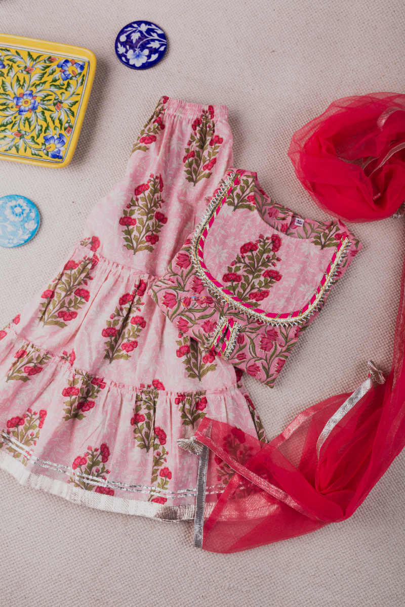 Image for Kusvaa Aj12 Cranberry Pink Block Printed Sharara Complete Set Front