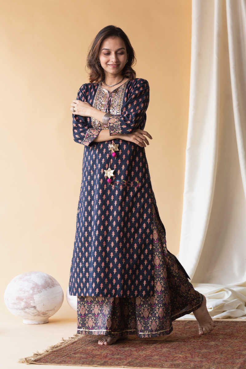 Image for Kusvaa Avdaf13 Mirage Blue And Pink Kurta Palazzo And Kota Doria Dupatta Front 1