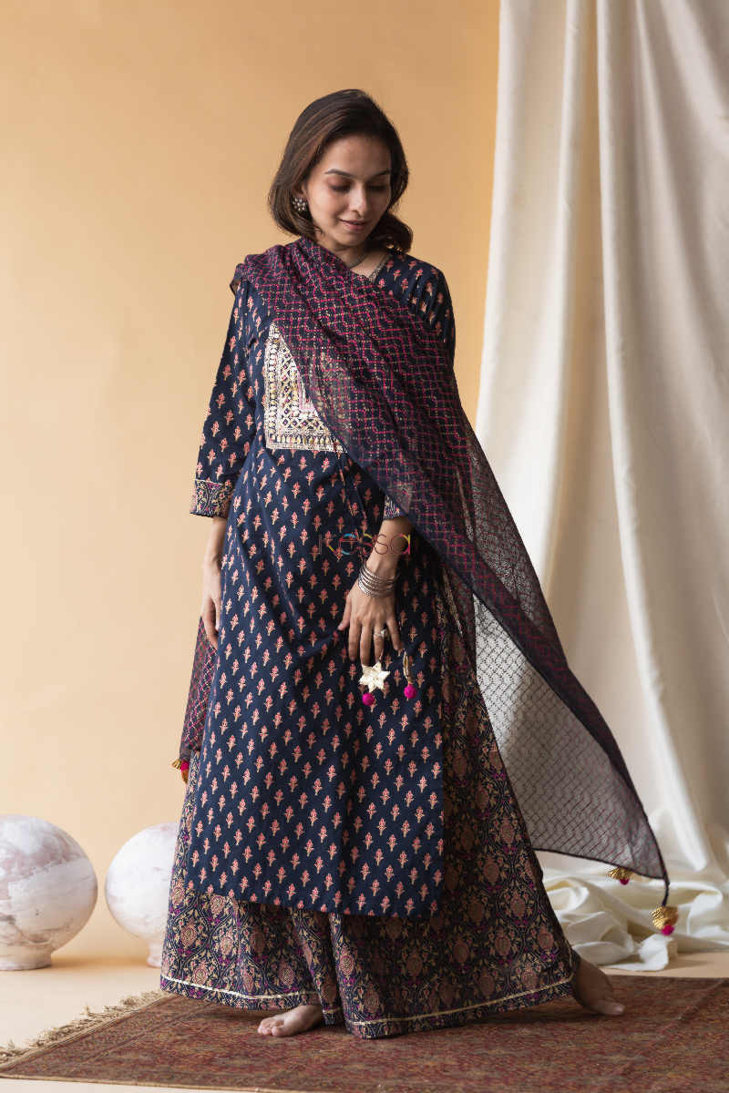 Image for Kusvaa Avdaf13 Mirage Blue And Pink Kurta Palazzo And Kota Doria Dupatta Kurta 1