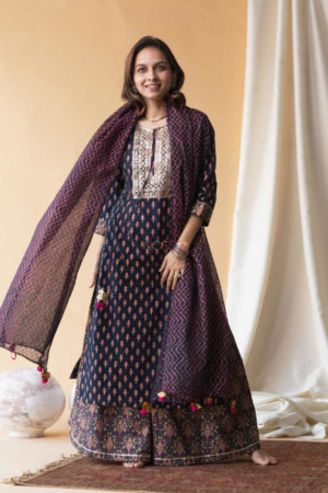 Image for Kusvaa Avdaf13 Mirage Blue And Pink Kurta Palazzo And Kota Doria Dupatta Kurta 2