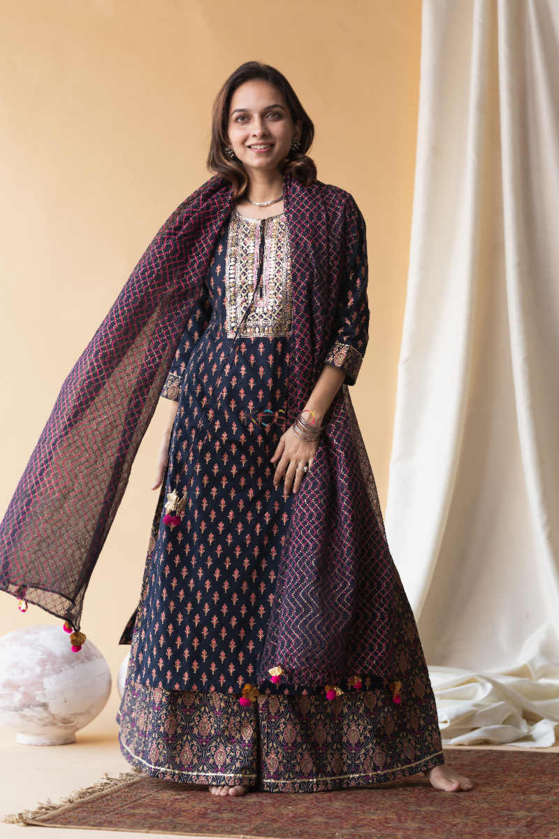 Image for Kusvaa Avdaf13 Mirage Blue And Pink Kurta Palazzo And Kota Doria Dupatta Kurta 2