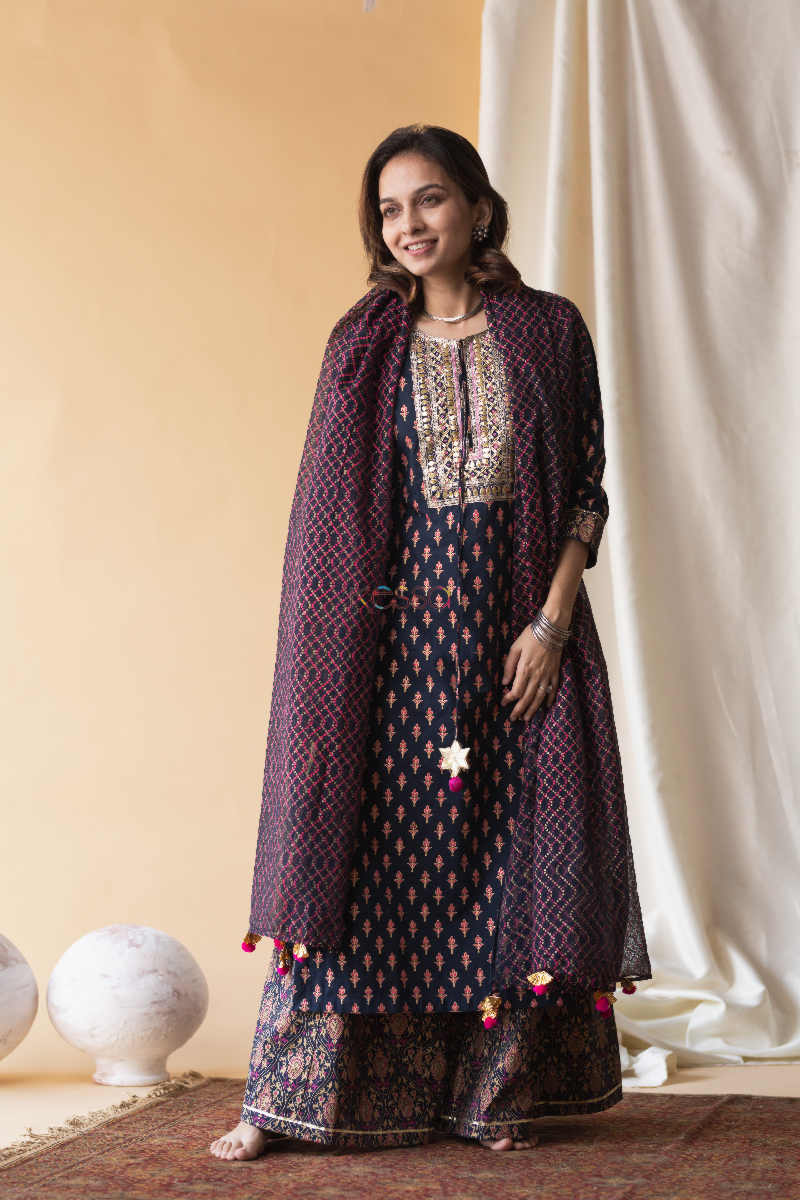 Image for Kusvaa Avdaf13 Mirage Blue And Pink Kurta Palazzo And Kota Doria Dupatta Kurta 3