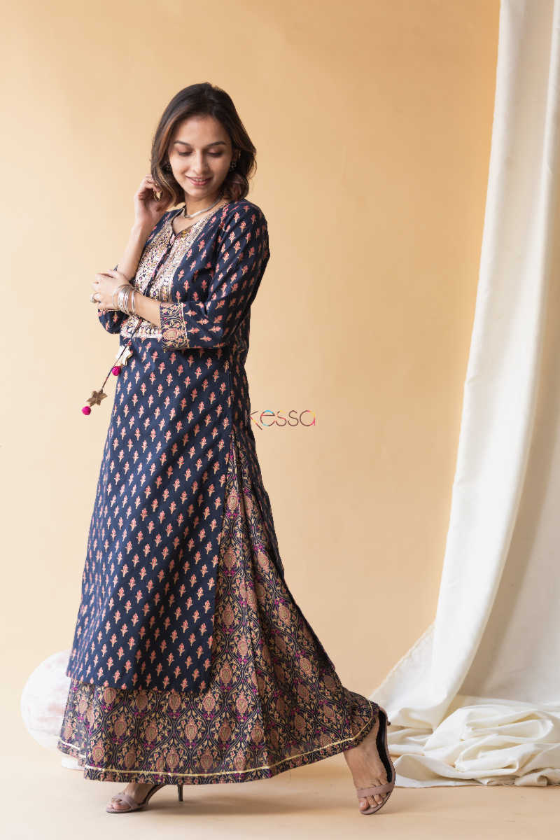 Image for Kusvaa Avdaf13 Mirage Blue And Pink Kurta Palazzo And Kota Doria Dupatta Side