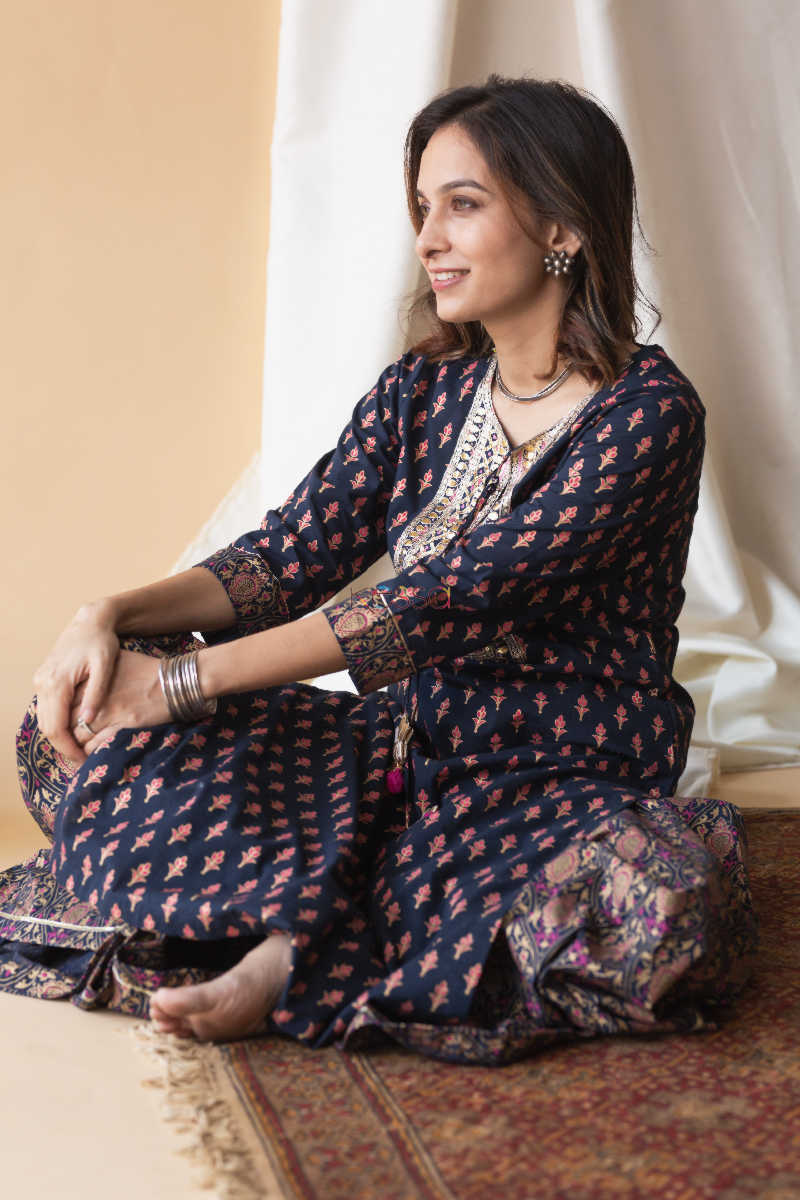 Image for Kusvaa Avdaf13 Mirage Blue And Pink Kurta Palazzo And Kota Doria Dupatta Sitting