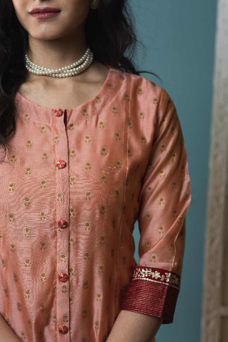 Image for Kusvaa Daf12 Chestnut Rose Chanderi Kurta Maroon Palazzo 1 Closeup