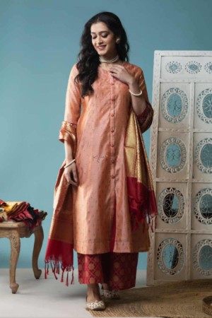Image for Kusvaa Daf12 Chestnut Rose Chanderi Kurta Maroon Palazzo 1 Featured