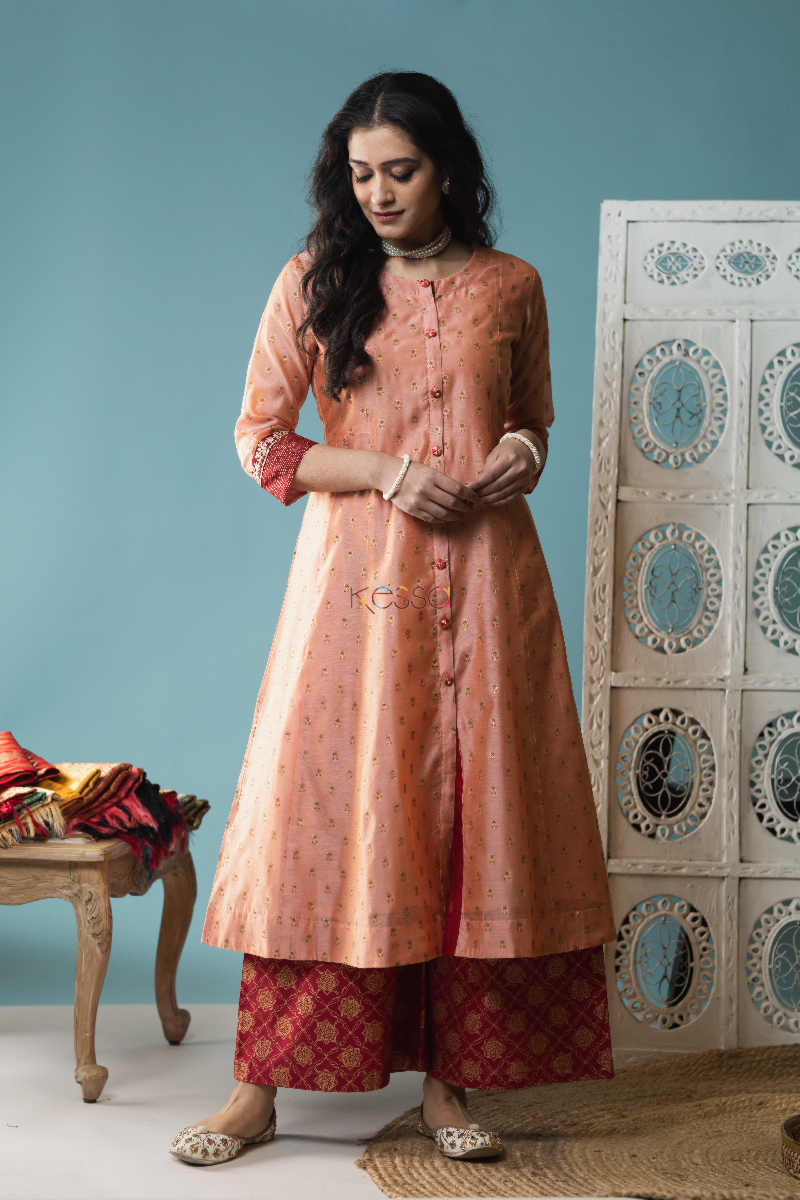 Image for Kusvaa Daf12 Chestnut Rose Chanderi Kurta Maroon Palazzo 1 Front
