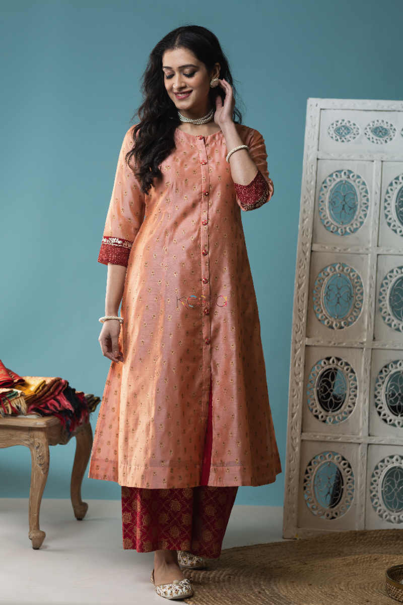 Image for Kusvaa Daf12 Chestnut Rose Chanderi Kurta Maroon Palazzo 1 Look