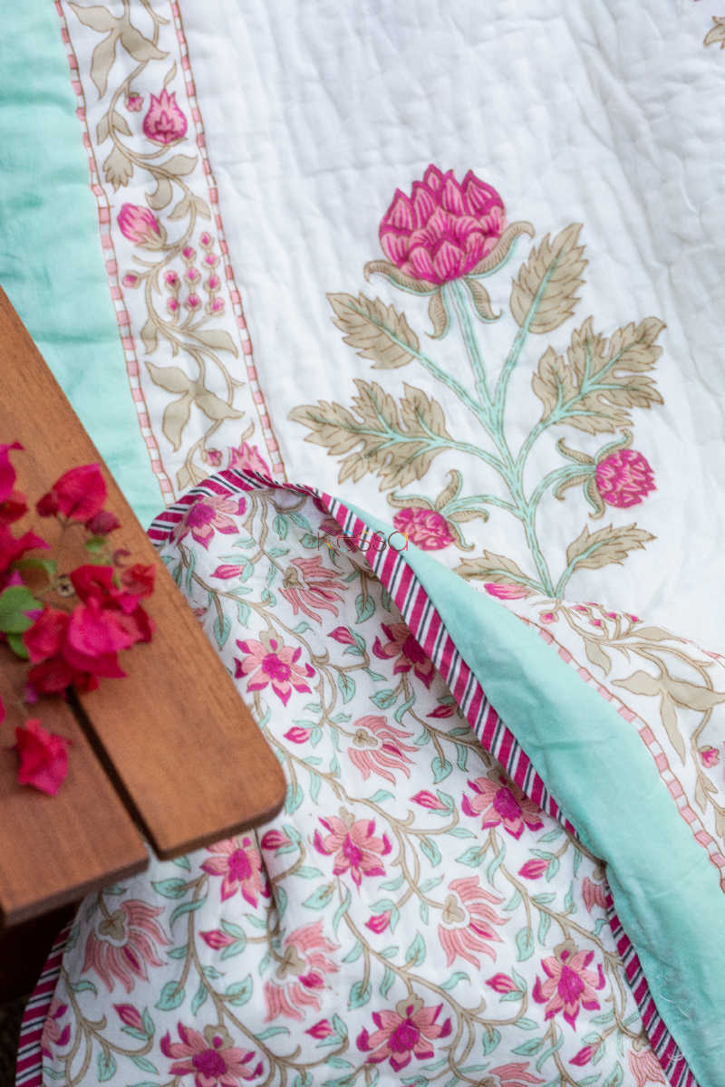 Image for Kusvaa Kaq59 Cranberry Pink And Turquoise Double Bed Quilt 2
