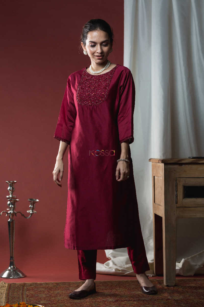 Image for Kusvaa Ke01 Plum Red Chanderi Kurta Look