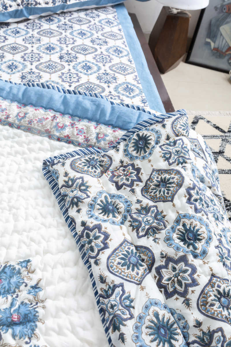 Image for Kusvaa Kpb27 Nepal Blue Block Print Double Bedsheet Closeup