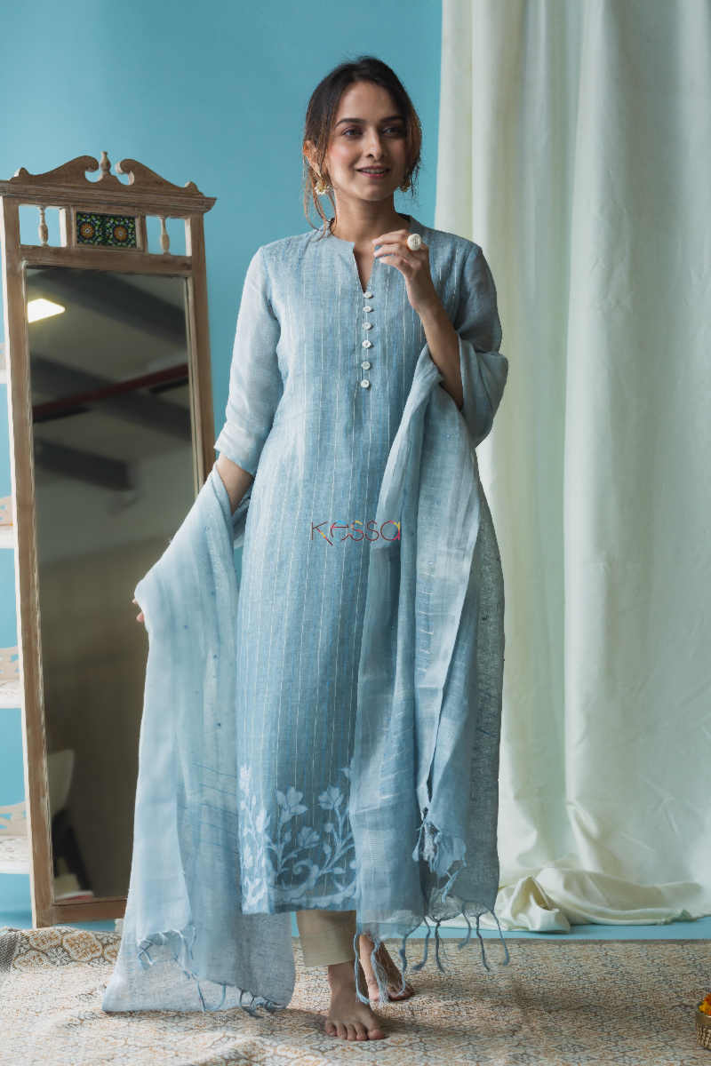 Image for Kusvaa Nekurta02 Submarine Blue Linen Kurta Dupatta Set Front 1