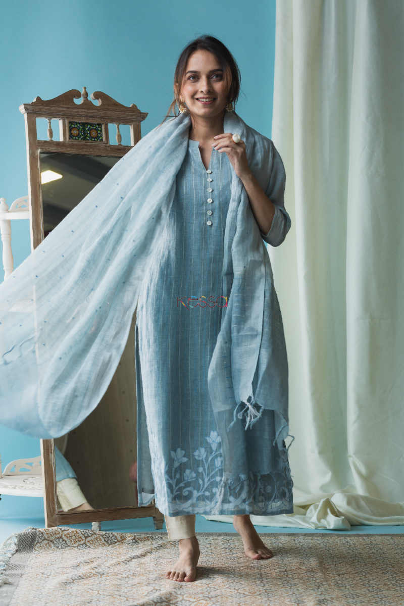Image for Kusvaa Nekurta02 Submarine Blue Linen Kurta Dupatta Set Front